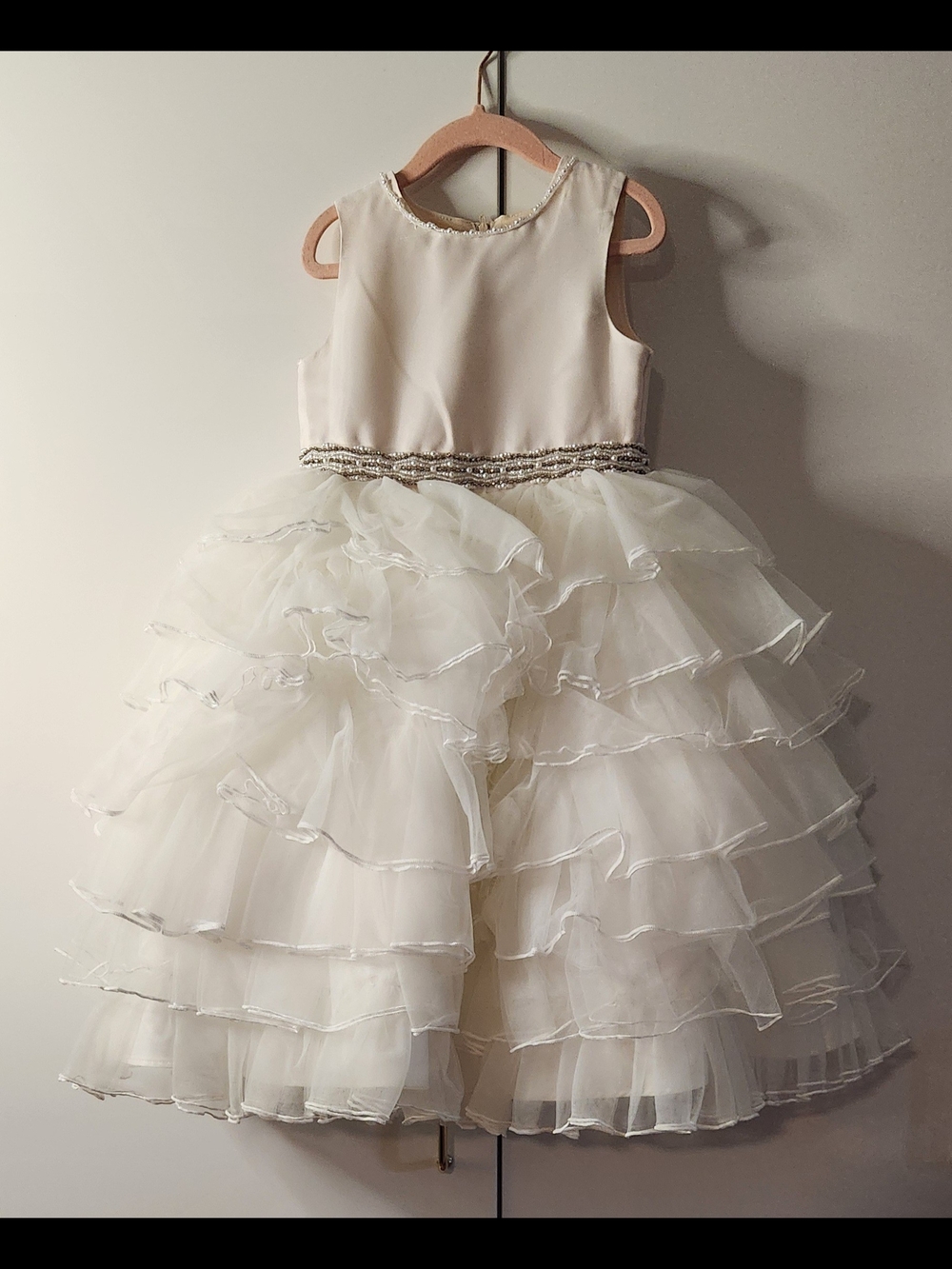 Girls Ivory Ruffled Tulle Party Dress with Beaded Waist
